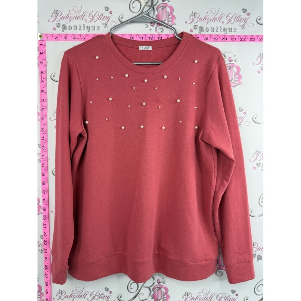 Studio 1886 sweater pearls beaded embroidered red Coral Crewneck Sweatshirt
